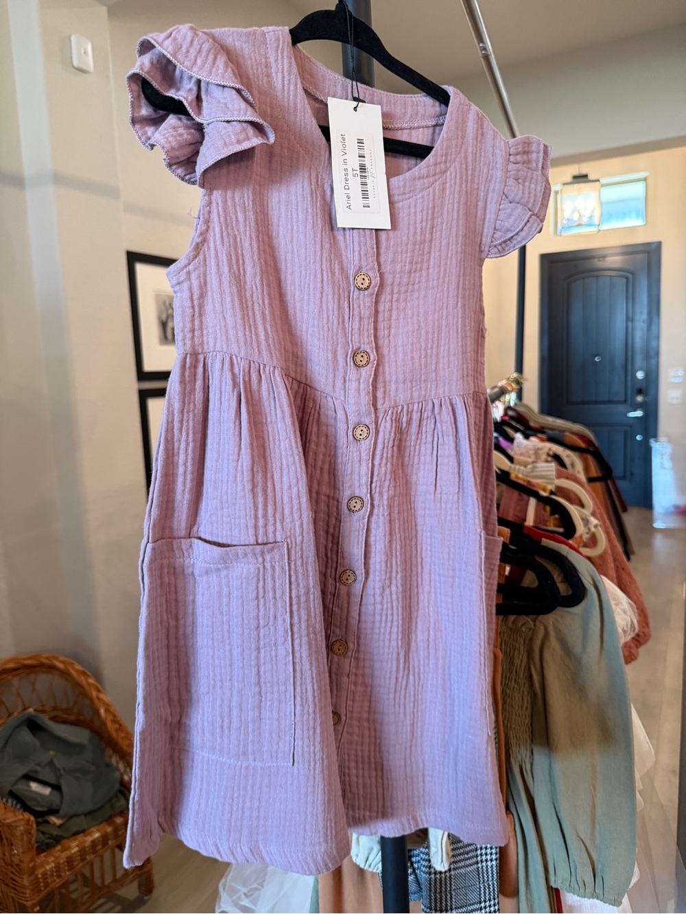 Lilac Button-Front Girls' Dress with Ruffle Sleeves